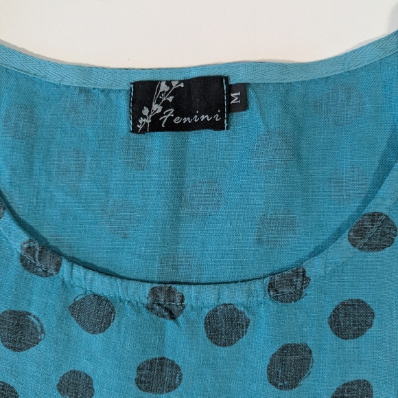 Fenini Short Sleeve Linen Polka Dot Teal Dress Size Medium - Picture 7 of 12
